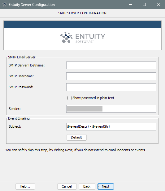 SMTP Server Configuration screen