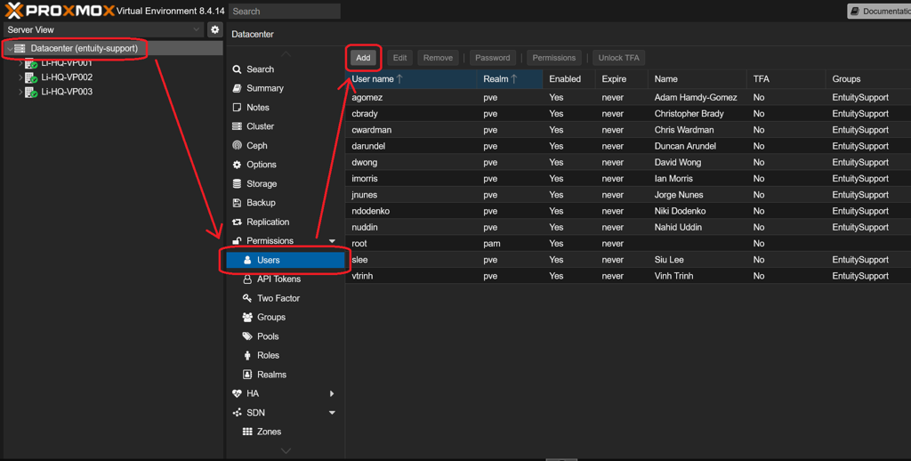 Adding a new user in the Proxmox VE GUI