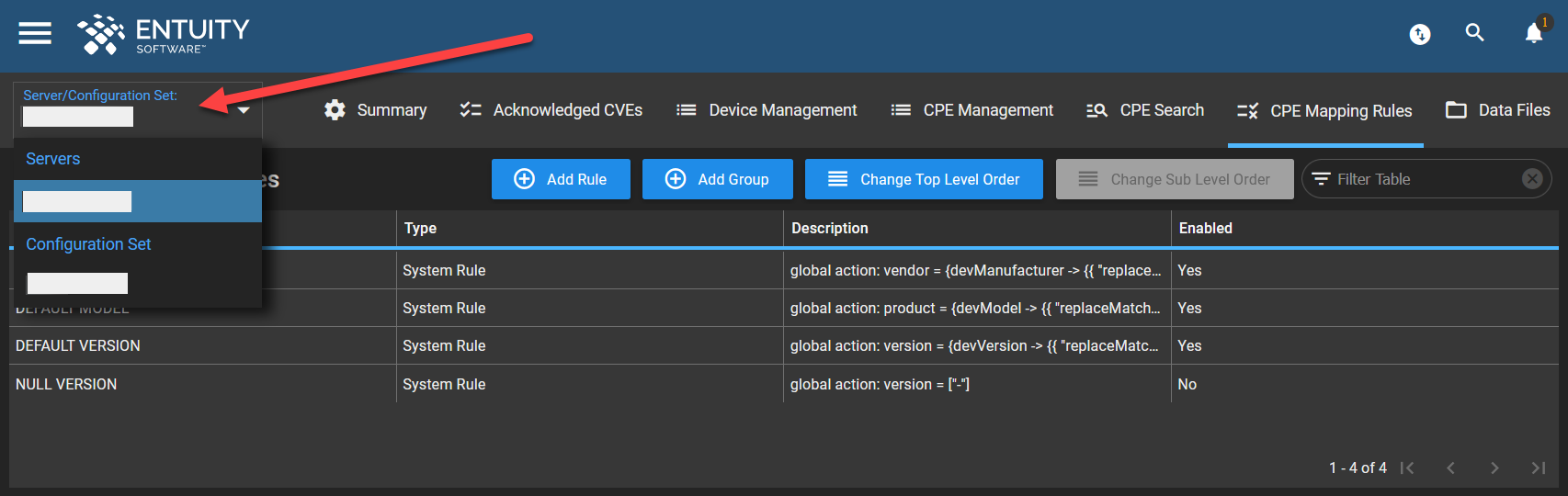 server or config set dropdown menu