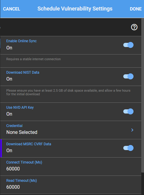 Schedule Vulnerability Settings form