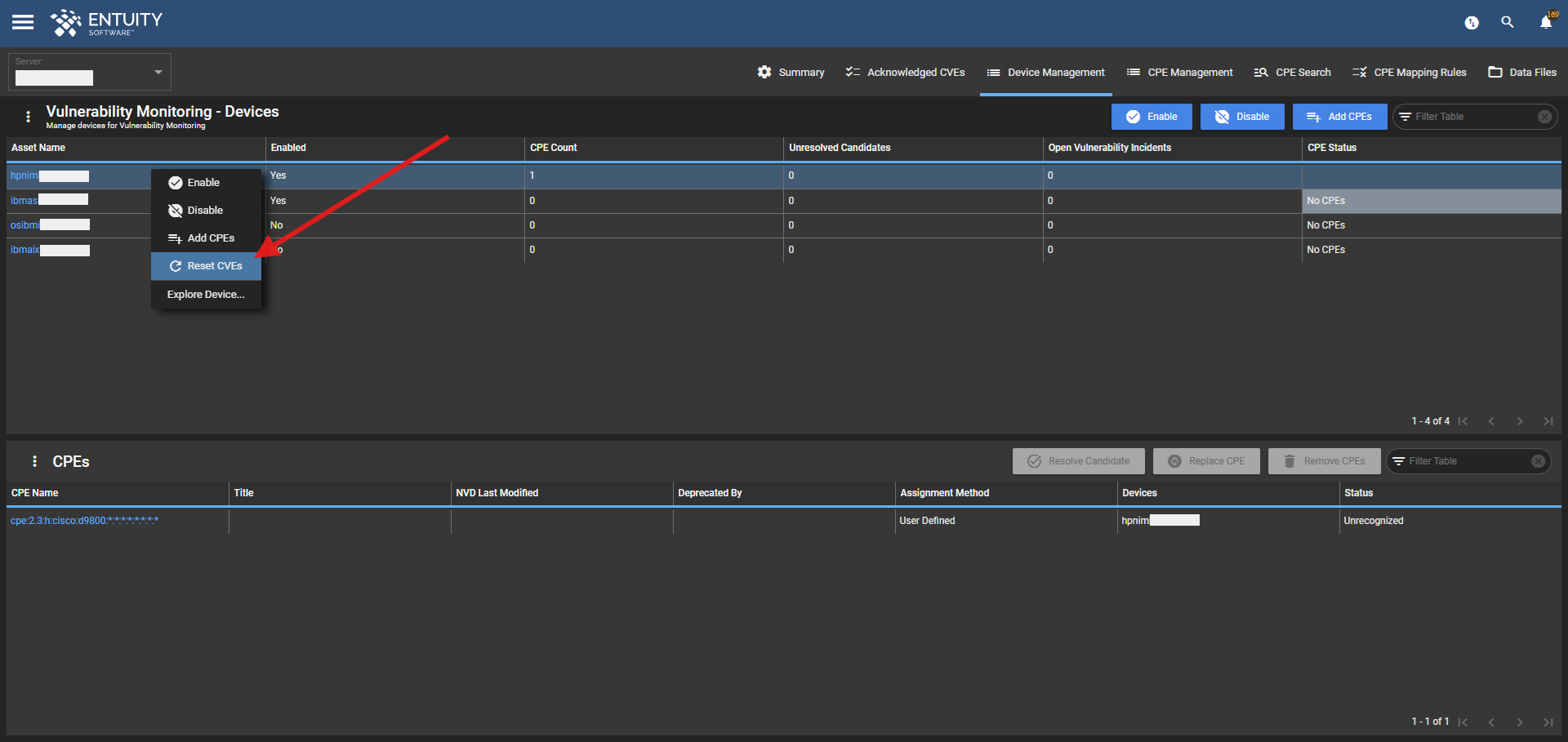 Reset CVEs option