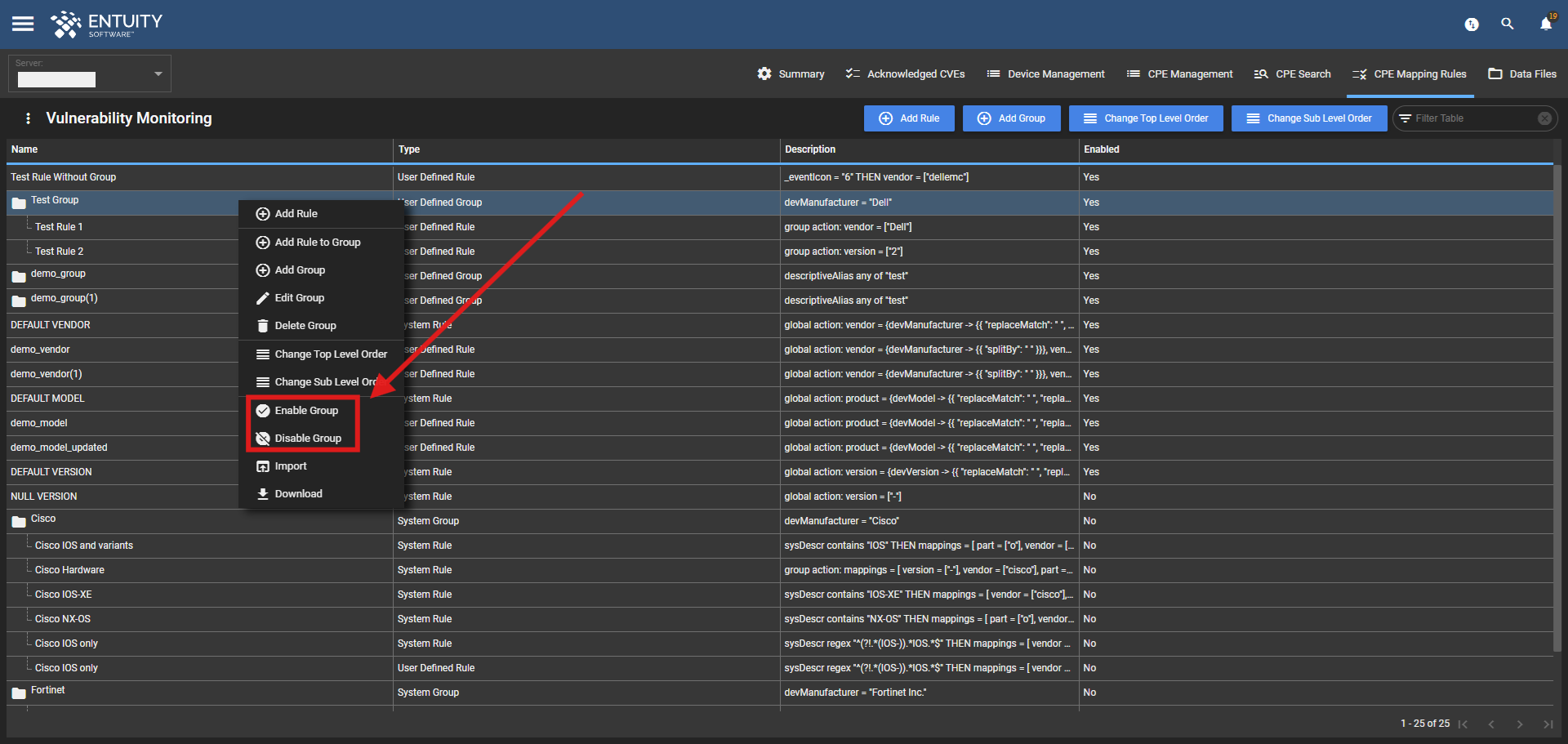 Enable and Disable Group options