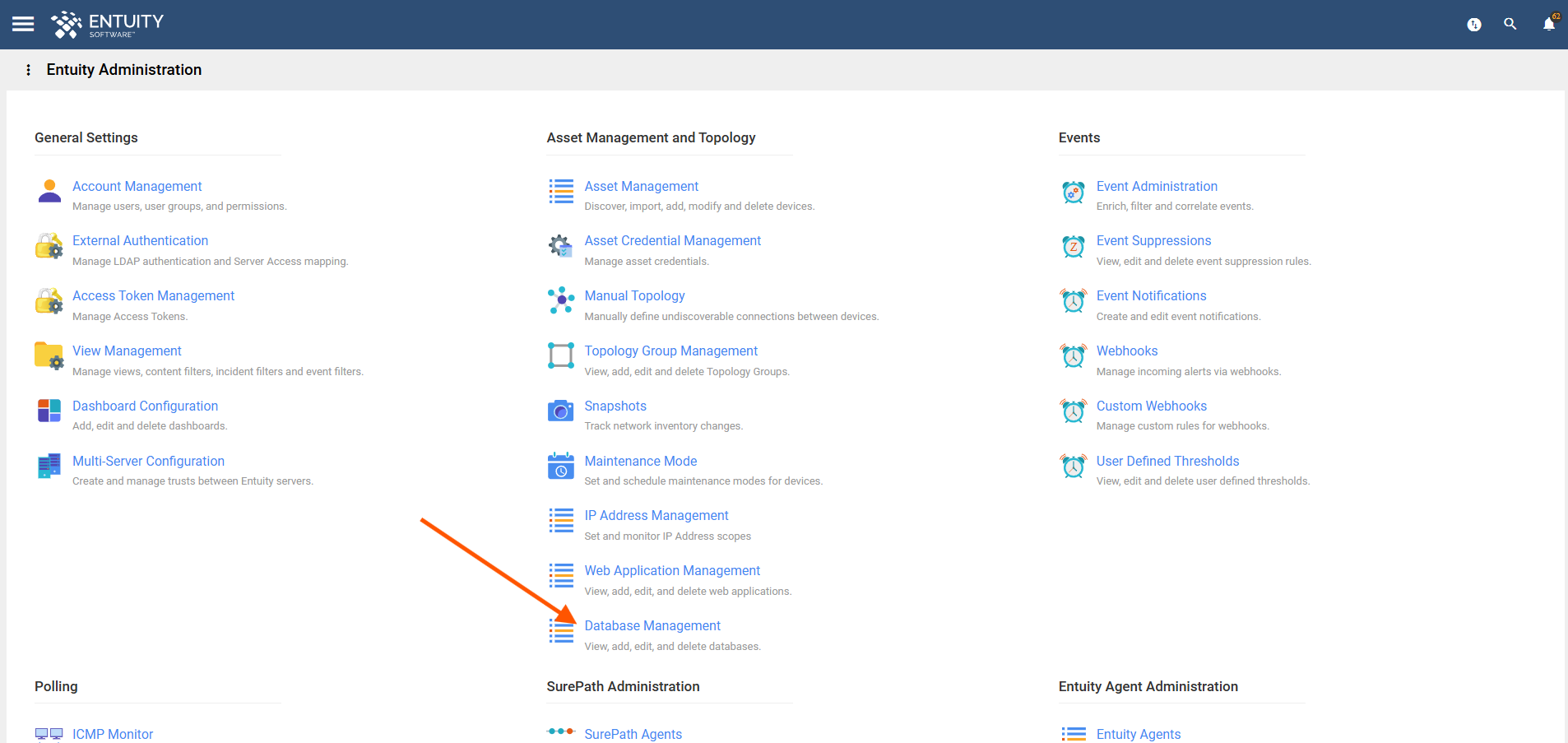 Database Management menu option