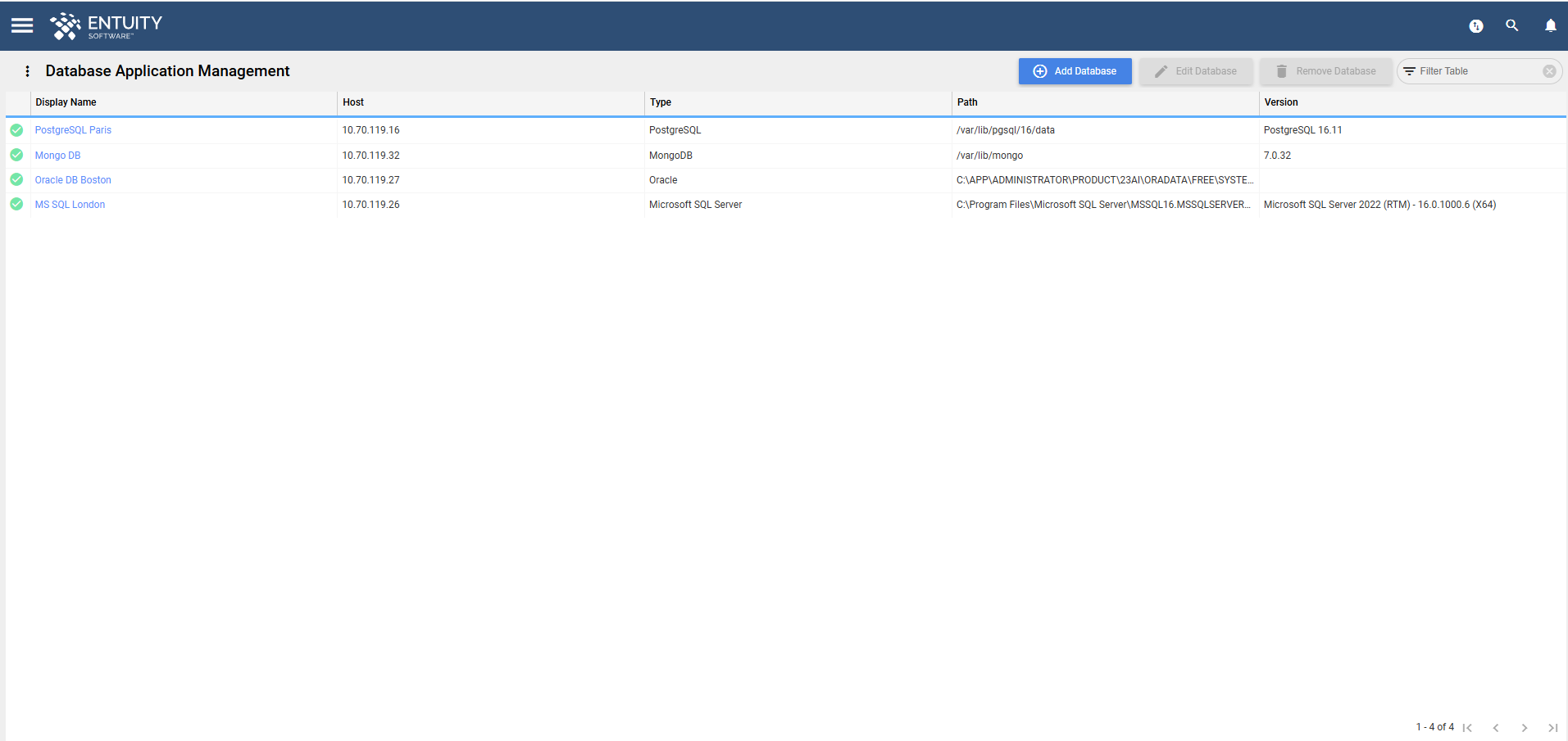 Database Application Management page