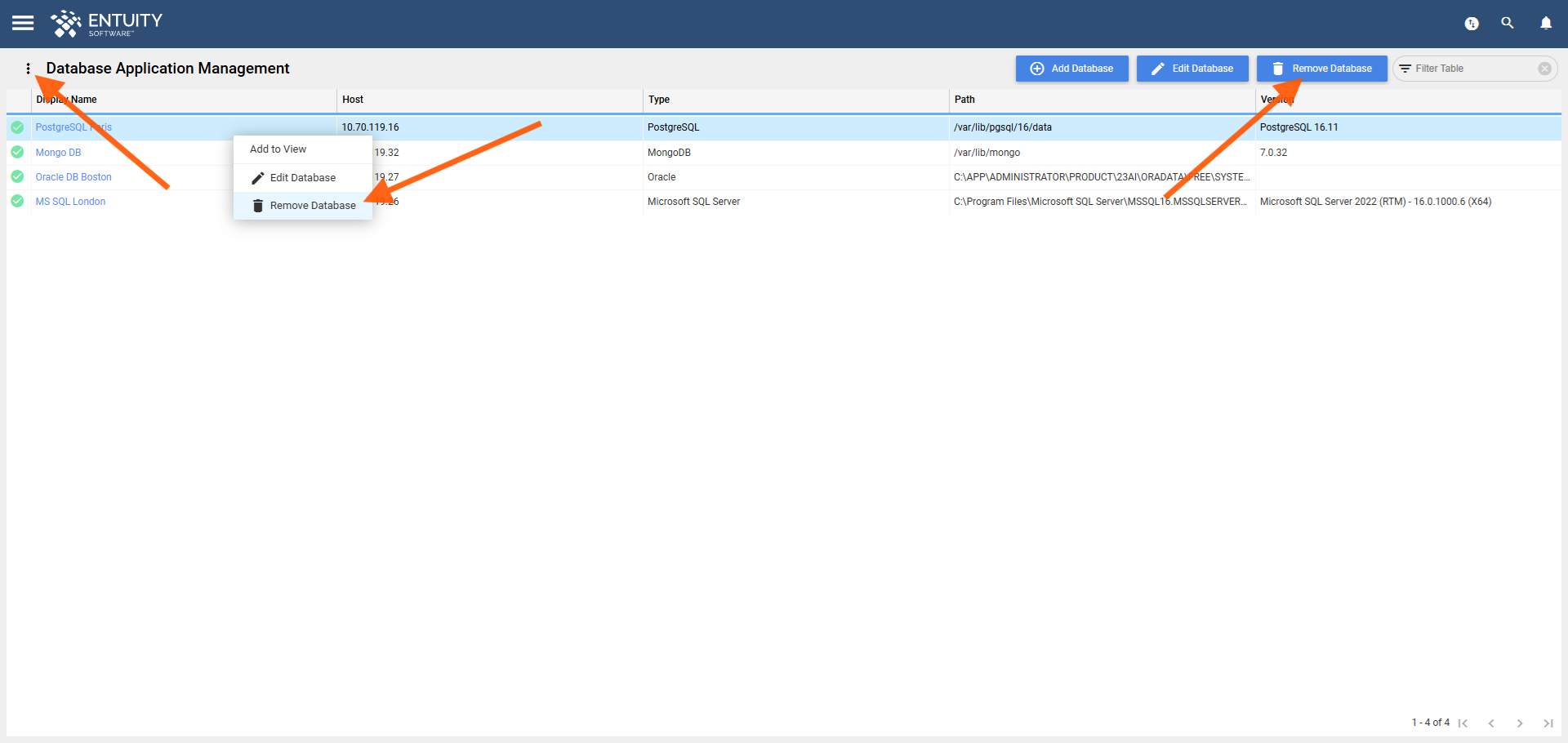 Remove database options