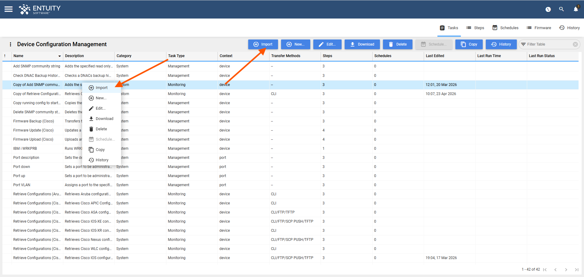 Import task options