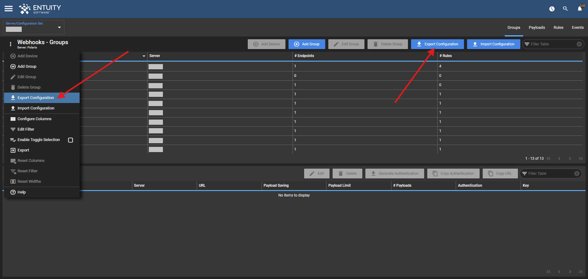 Export Configuration options