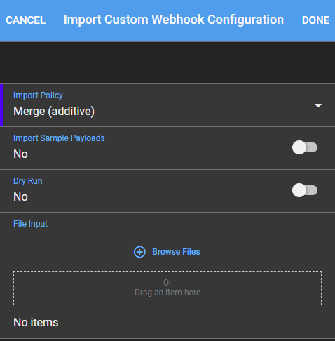 Import Custom Webhook Configuration form