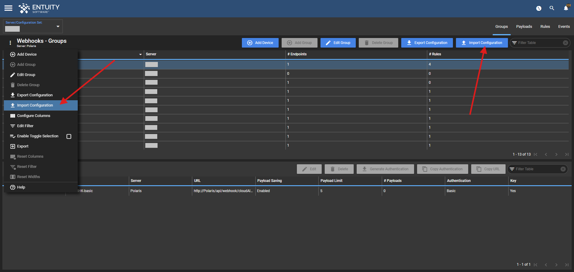 Import Configuration options