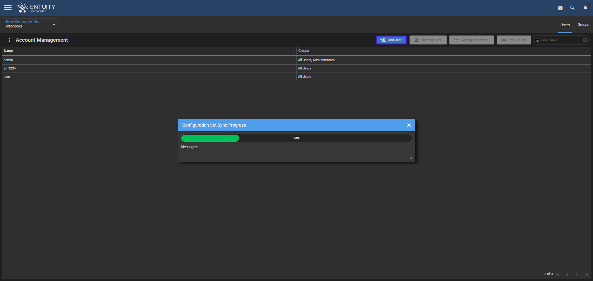 Configuration Set Sync Progress window