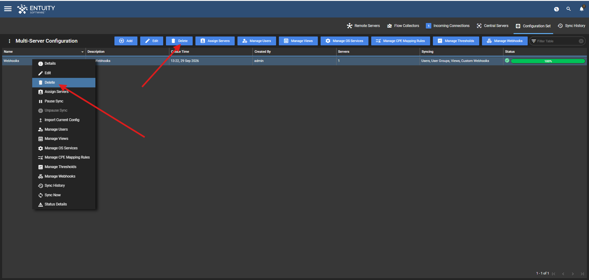 Delete configuration set options