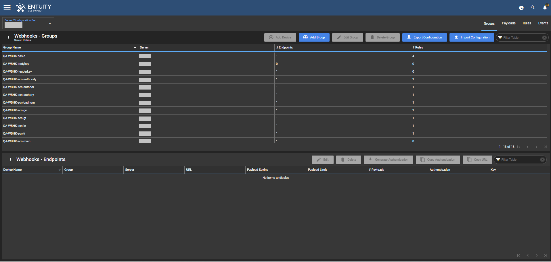 Custom Webhooks Groups tab