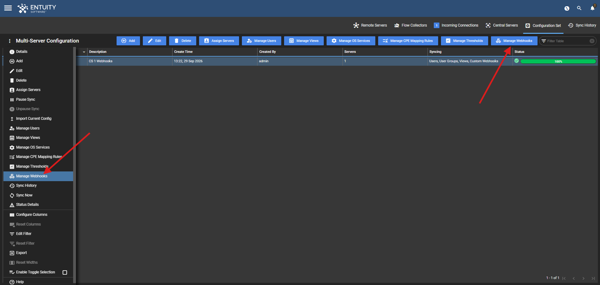 Manage Webhooks options