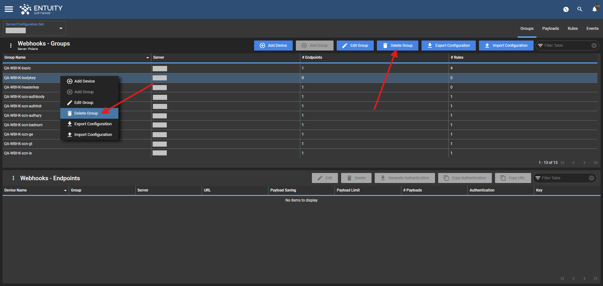 Delete Group options