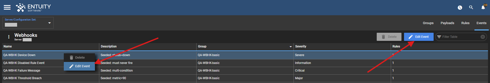 Edit Event options