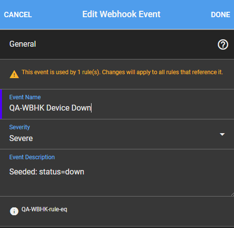 Edit Webhook Event form